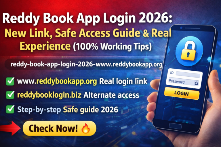 Reddy Book App Login 2026 banner showing new login link www.reddybookapp.org , alternate access reddybooklogin.biz, safe login guide steps, and a mobile screen with secure login interface and password field